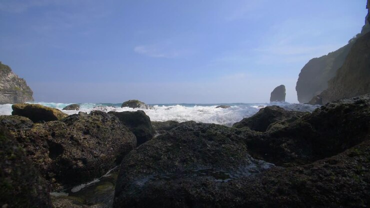 Waves Crashing in a Rocky Bay