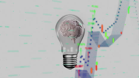 animation of digital data processing over lightbulb with brain on grey background