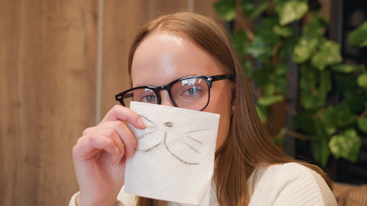 close up of young woman peering over napkin with whiskers drawn covering mouth playful expression through glasses cozy wood paneled backdrop lush green vines