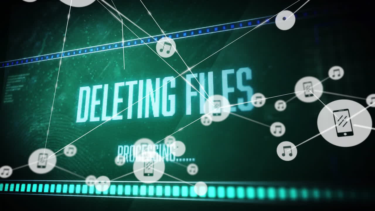 Digital code and processing text with network of connected icons animation