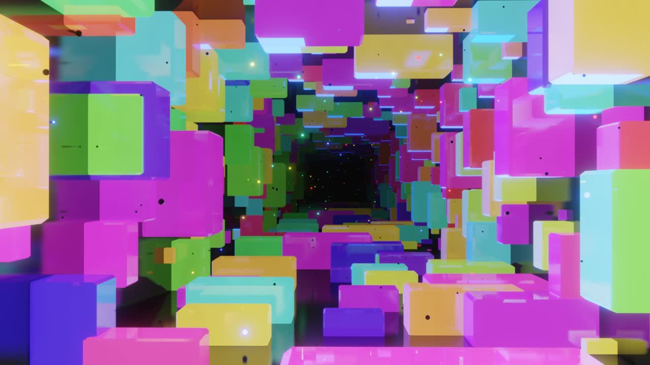 animación en bucle sin costuras de 4k. vuela a través del túnel con cubos o cajas de luz, los bloques de brillo forman un entorno de ciencia ficción. fondo simple, estructura de ciencia fiction. el subsuelo cubos de brillo multicolores forman un túnel