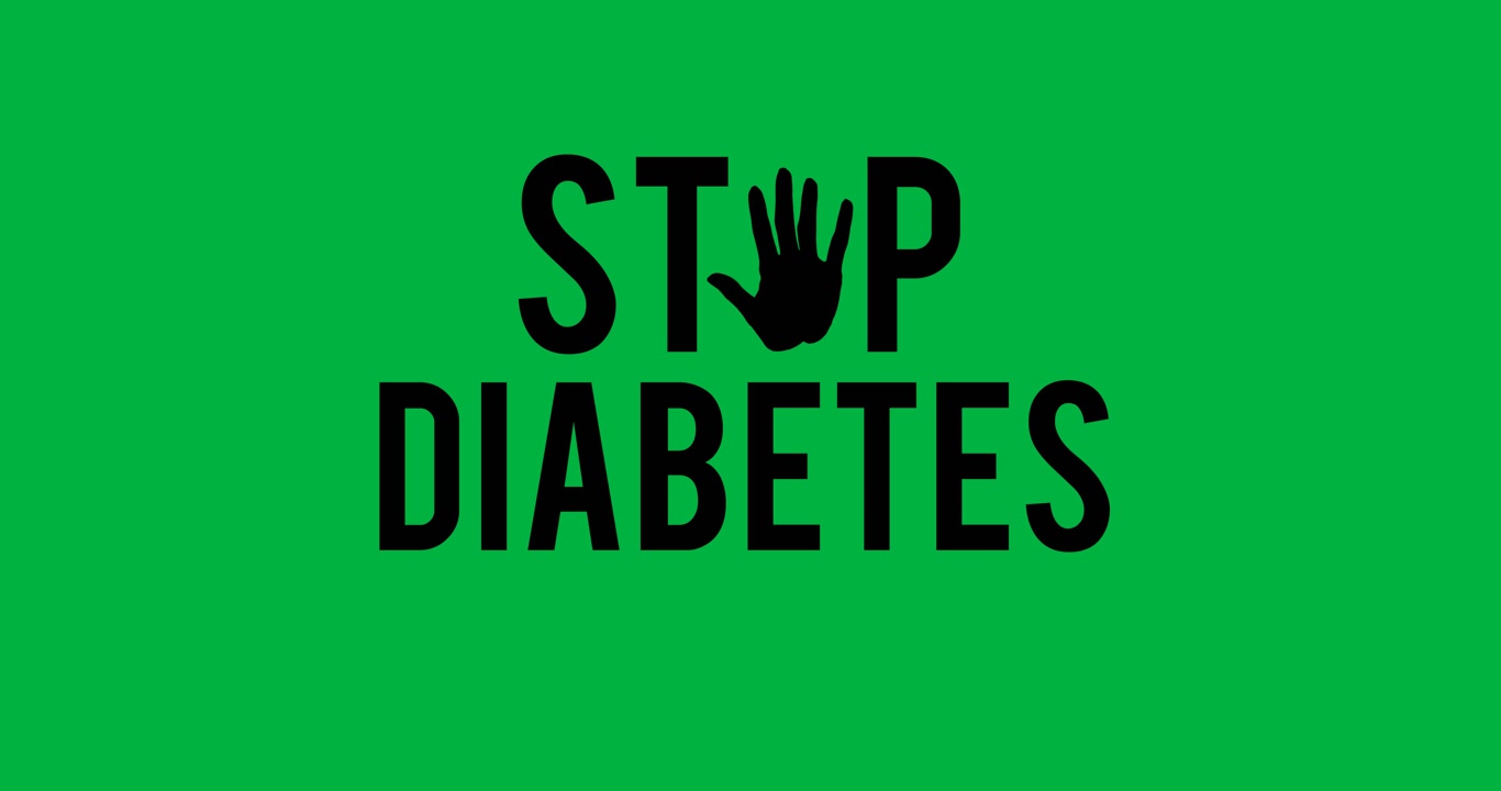 Animazione digitale di un banner con il testo 'stop diabete' e un'icona a forma di mano che indica 'stop' su sfondo bianco.