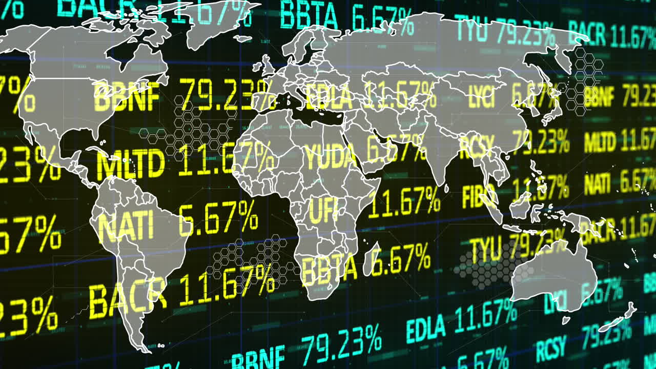 Animation of stock market and data processing with world map on black background