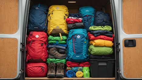 a colorful display of gear inside a van: organized backpacks, clothing, and equipment ready for adventure or outdoor excursions