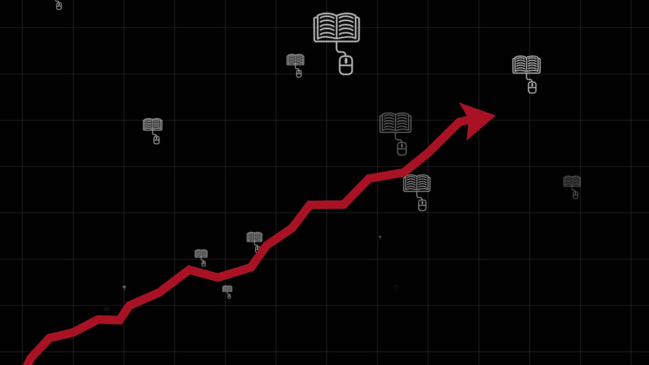 Rising red graph on black background with Online learning icons