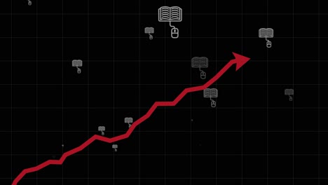 Gráfico-Rojo-Ascendente-Sobre-Fondo-Negro-Con-Iconos-De-Aprendizaje-En-Línea