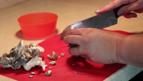 Manos-Rompiendo-Un-Racimo-De-Champiñones-Maitake,-Luego-Cortando-En-Una-Tabla-De-Corte-Roja-Con-Un-Cuchillo-De-Chef-Santoku-Y-Finalmente-Poniendo-Champiñones-Cortados-En-Un-Bol