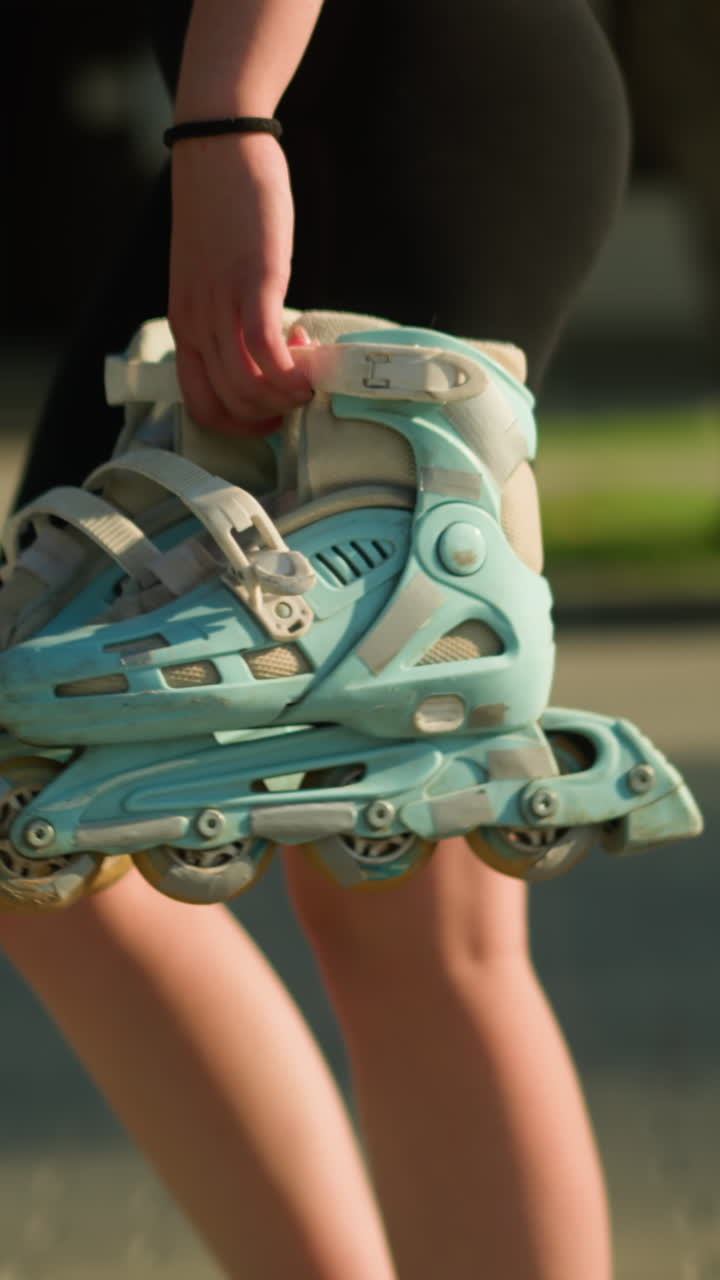 Side view of lady walking outdoors holding cyan roller skates in her right hand, with a blurred background featuring greenery, trees, and a building