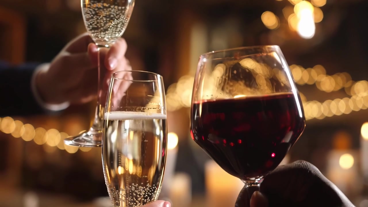 Close-up of Hands Toasting with Wine and Champagne Glasses