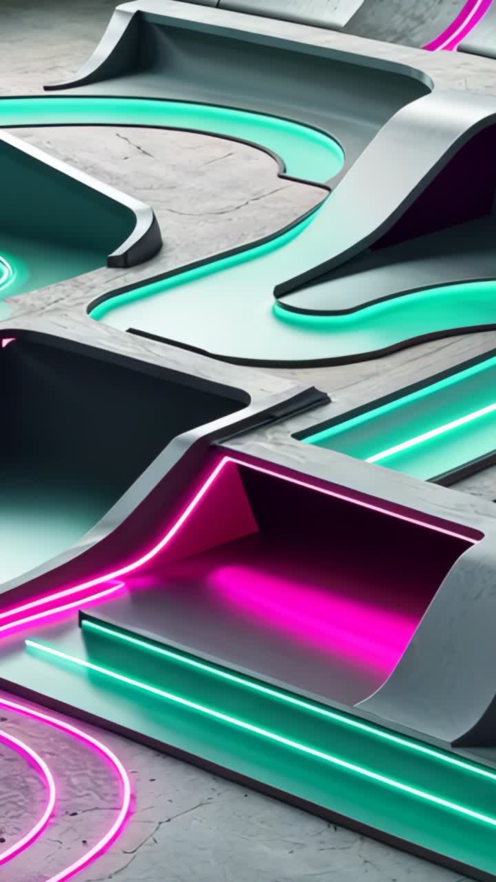 Vertical video: Panning camera revealing concrete channels with neon teal magenta lights in gallery