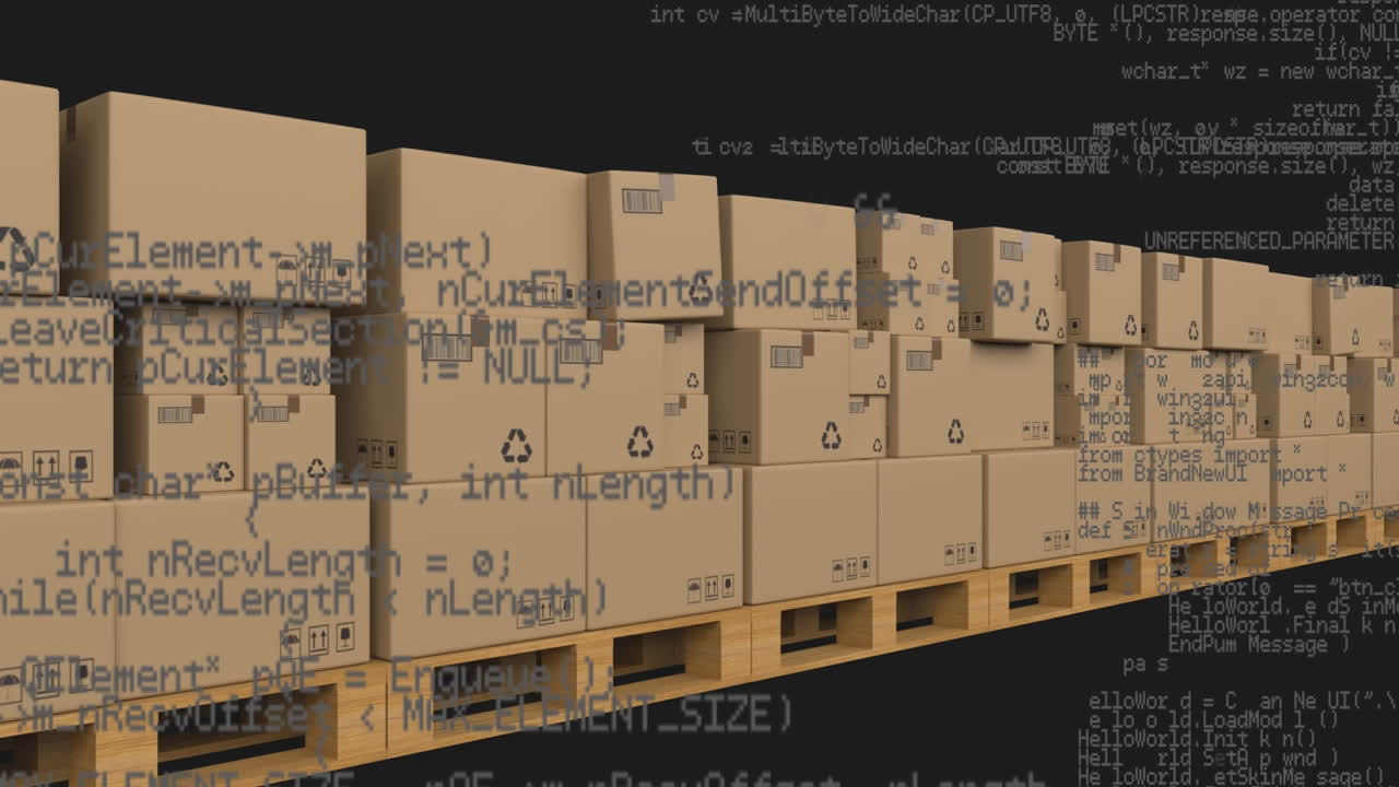 Animation of data processing over cardboard boxes on conveyor belt
