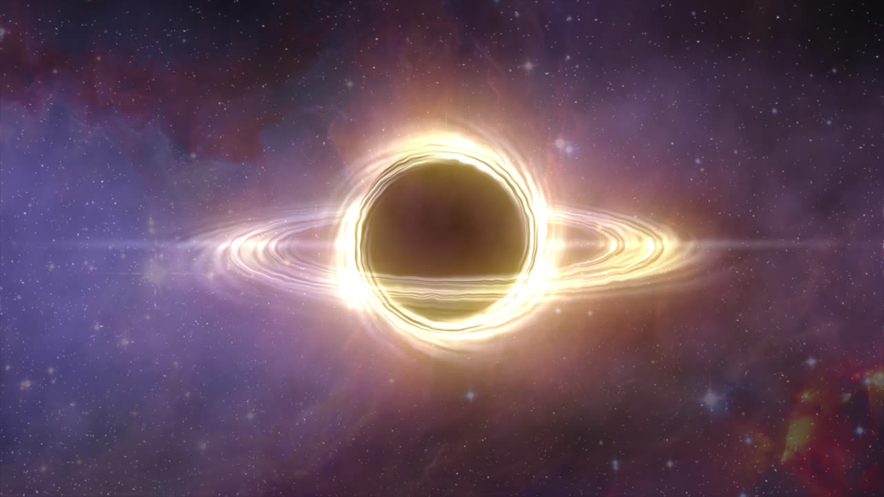 simulación cgi de alta calidad acercándose a un agujero negro giratorio a través de una nube de gas espacial y nebulosas dramáticas, en el espacio profundo