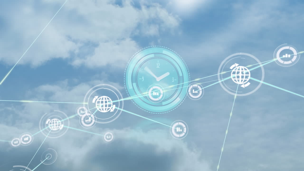 Animation of network of connections with icons over clock