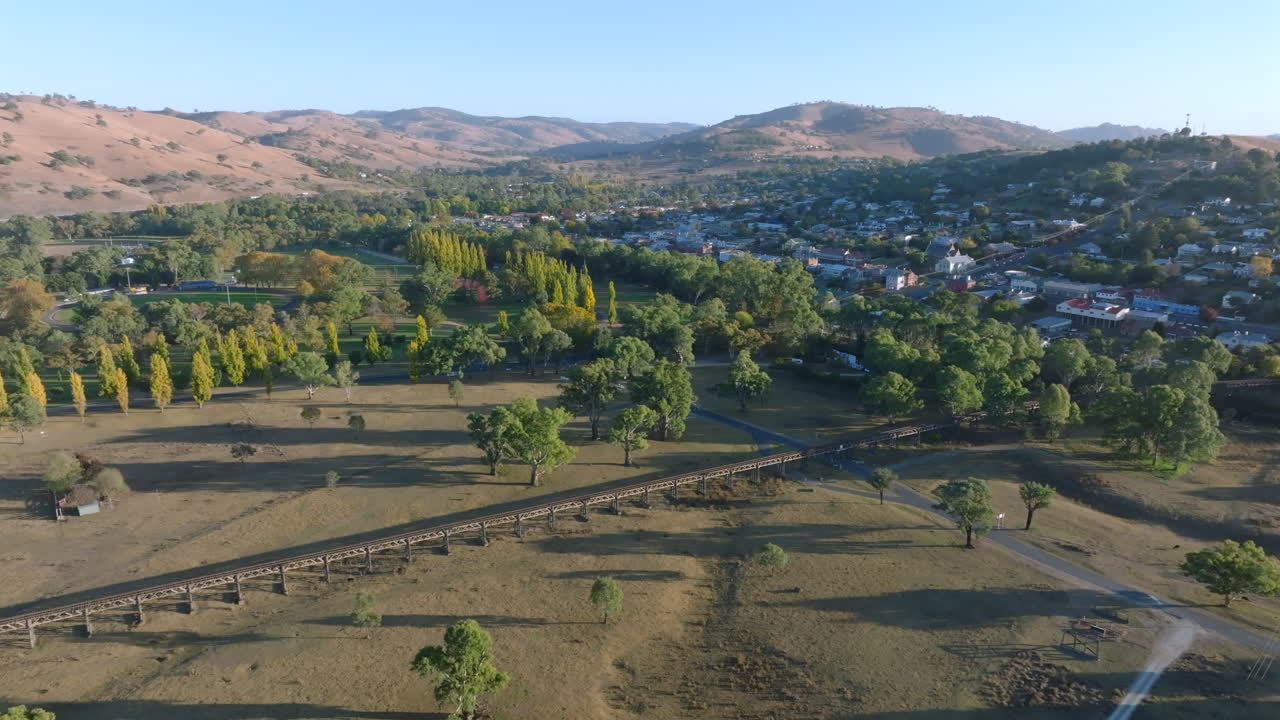 Drone shot of Gundagai town during sunrise, in NSW Australia