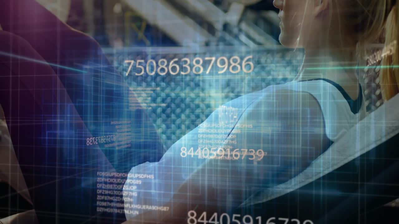 Fitness enthusiast placing feet powering leg press as holographic data updating metrics