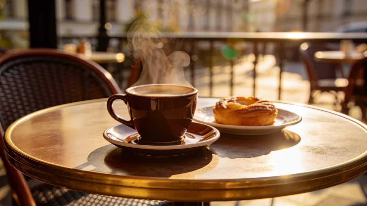 Vapore che si sprigiona dopo il calore del sole, tazza marrone su piattino che si raffredda in terrazza, un pasticcino nelle vicinanze.