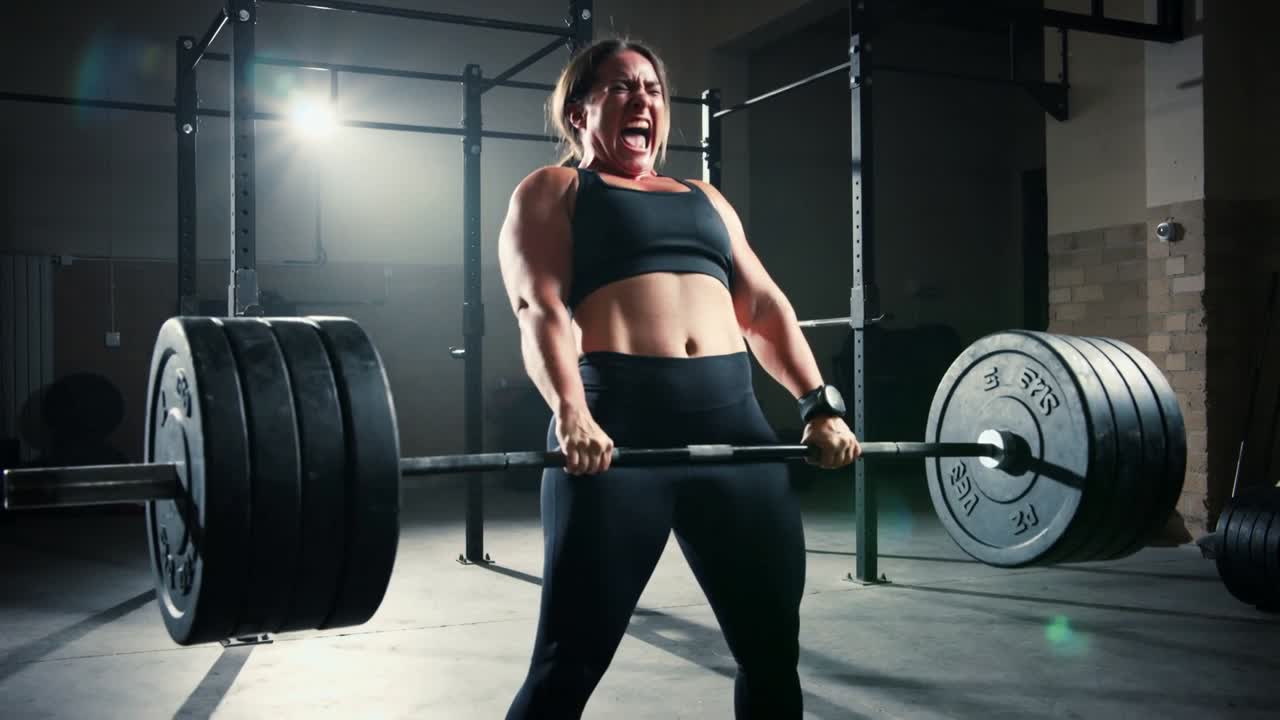 Atleta donna che afferra un bilanciere carico, solleva, blocca e abbassa uno stacco da terra in palestra per la forza, in reggiseno sportivo.