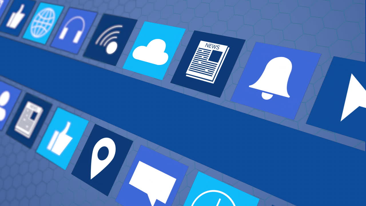 animación de iconos y procesamiento de datos digitales sobre fondo azul