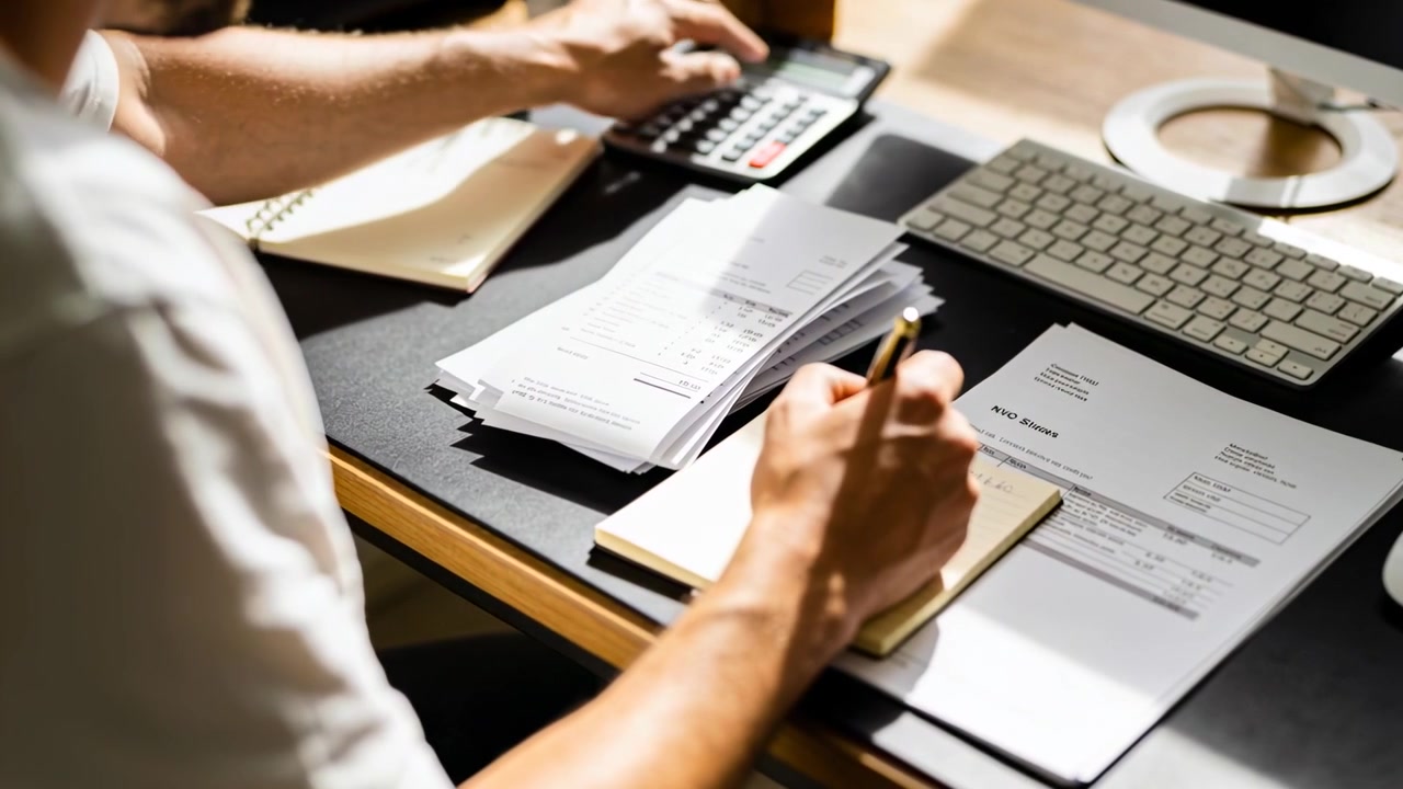 Picking up receipt short-sleeve worker sorting invoices recording totals at home desk, copy space