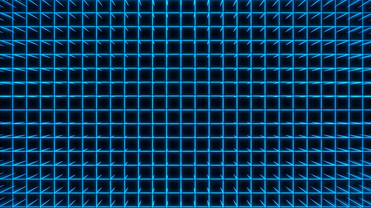 Glowing Blue Grid Expanding Into Depth, Wireframe Perspective, Vanishing Point, Neon Lines Form Matrix Tunnel,