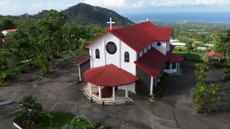 small church in upolu island in samoa - aerial drone shot