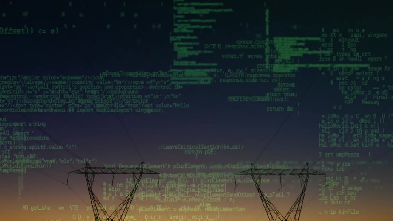 animação do processamento de dados sobre a paisagem com postes de eletricidade