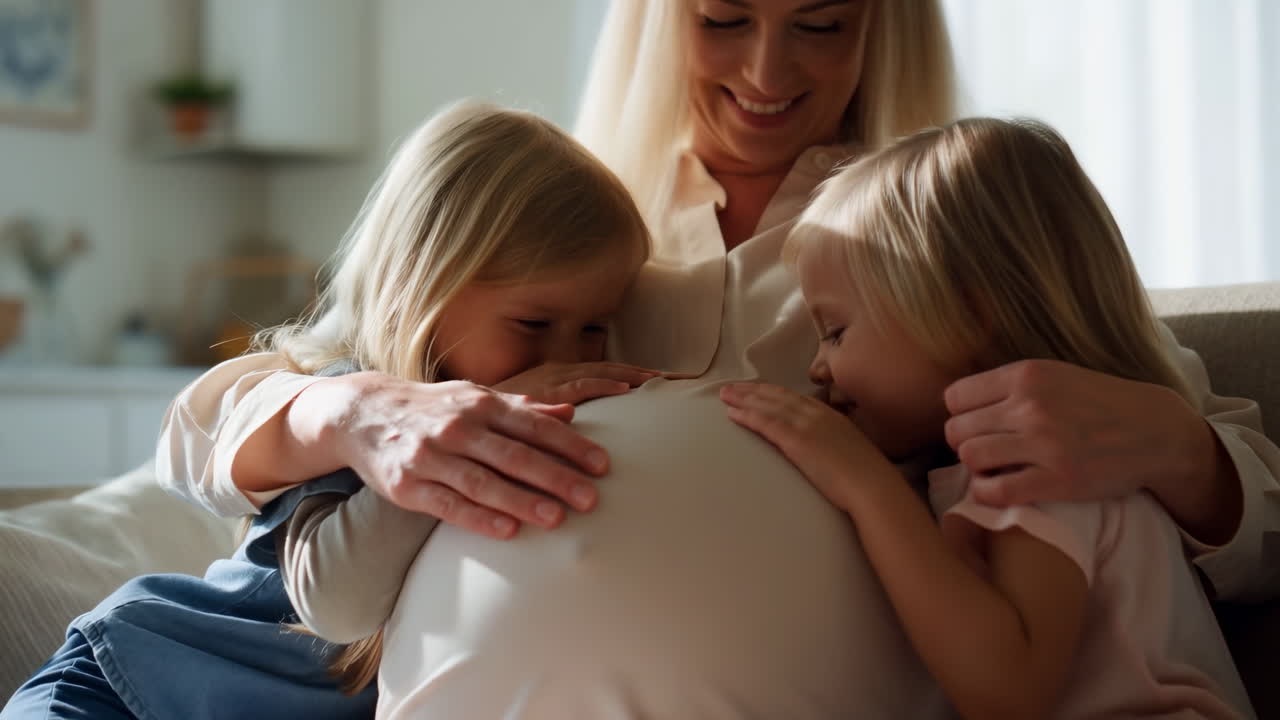 Happy Daughters Hugging Pregnant Mother's Belly on Sofa