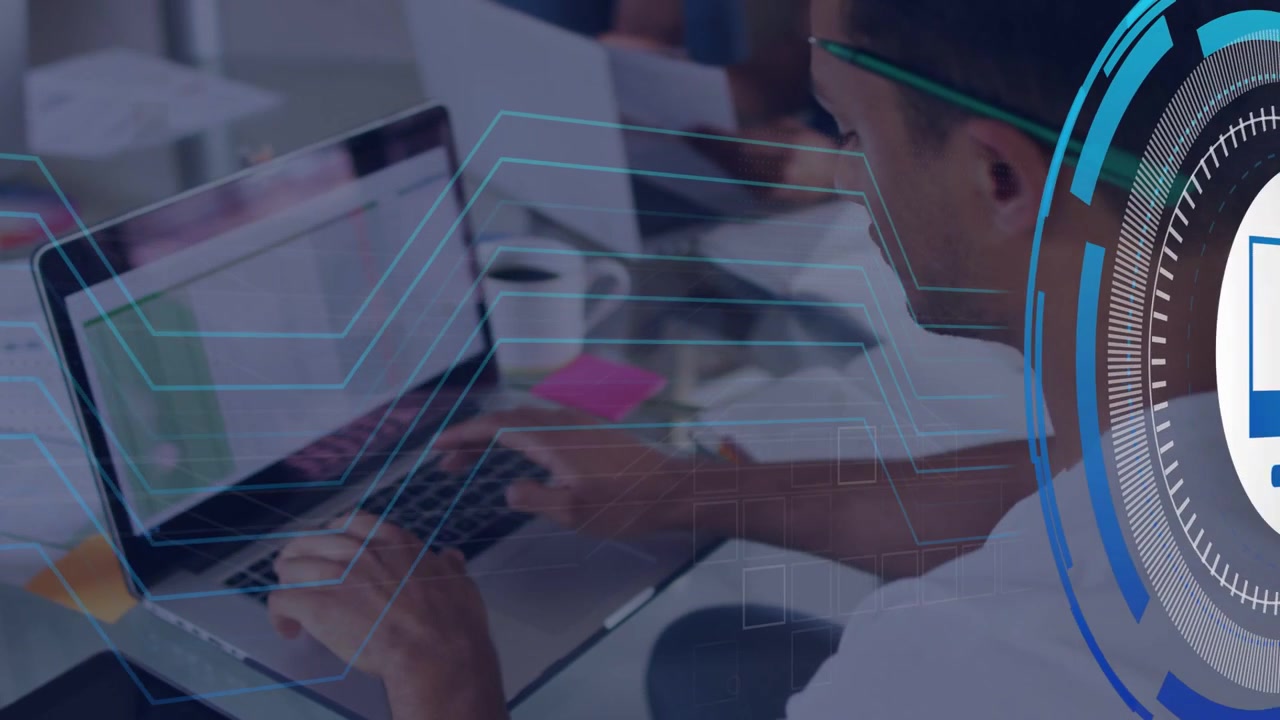 Man typing on laptop, sending HUD and cyan lines sweeping across, rotating, settling, securing data