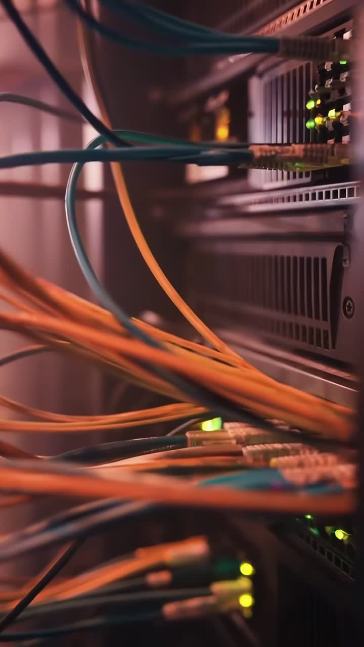 Close-up video of server cables and lights, angled from the side, showcasing tech connectivity