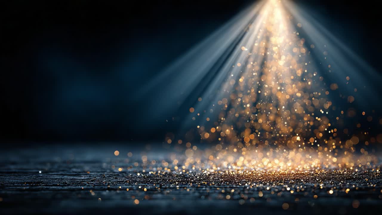 Radiant Light Beams Illuminating a Sparkling Surface, Creating a Magical Atmosphere with Glittering Particles in a Darkened Space