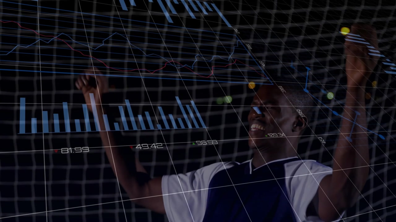 Male athlete standing before soccer goal net, displaying analytics line graphs bar charts pie chart