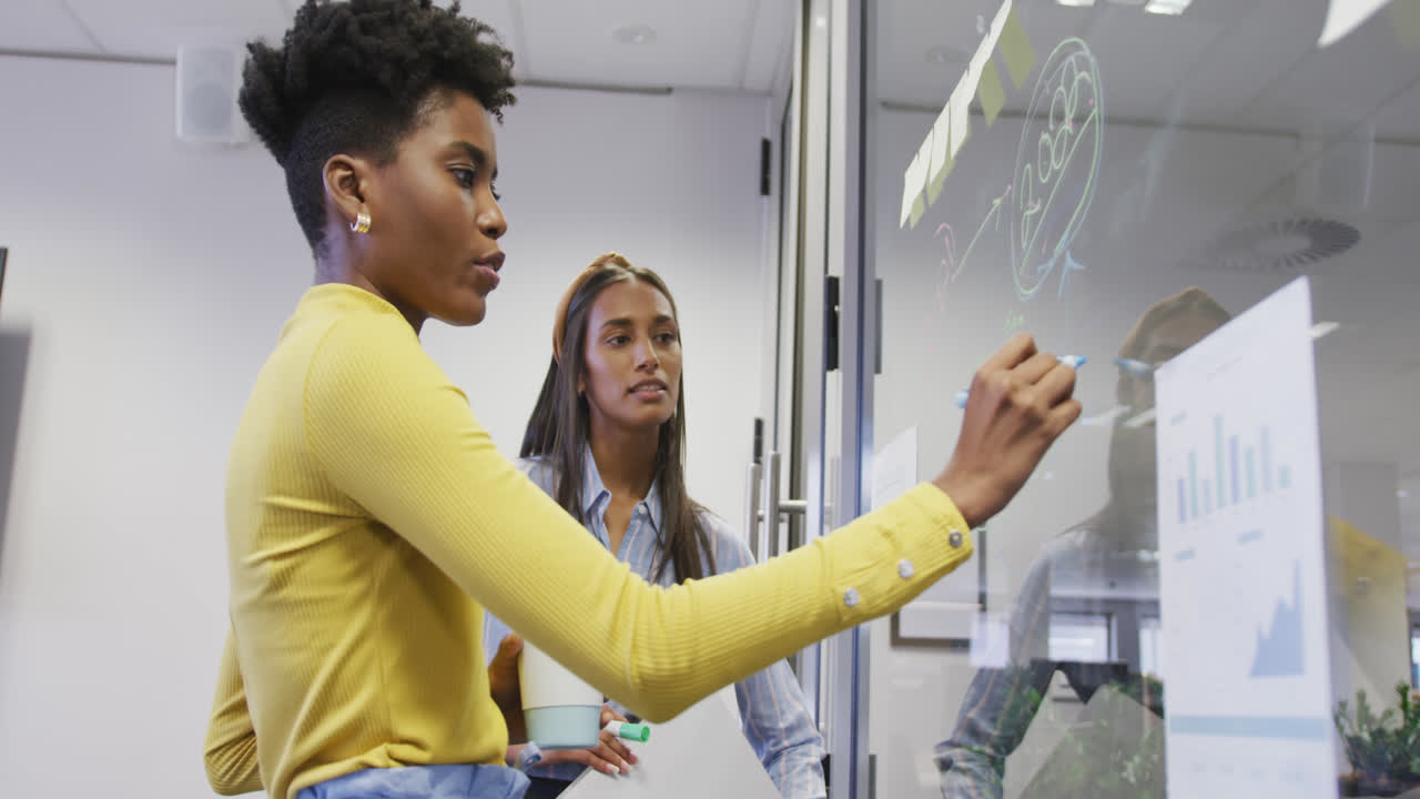 Diverse female business colleagues taking notes on glass wall and talking in office