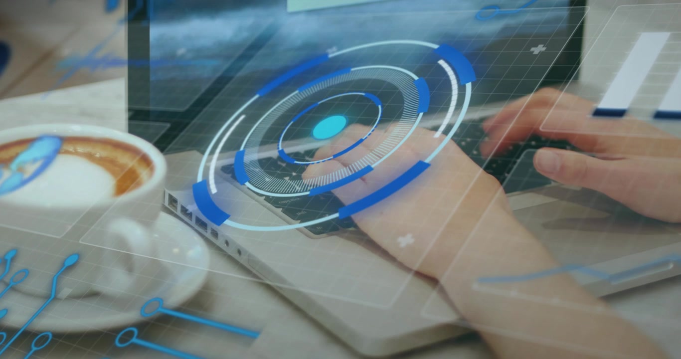 Hands settling on keyboard initiating holographic rings pulsing rotating for analytics