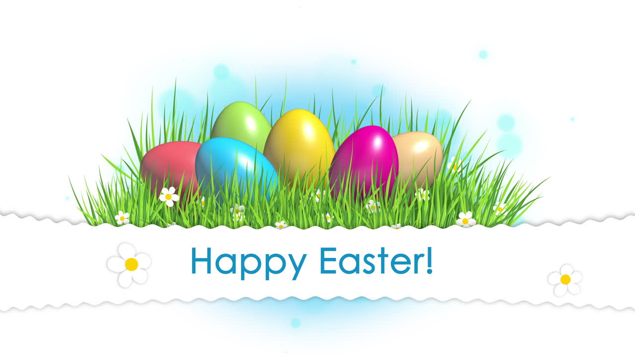 Looped animation of happy easter with colored eggs on green spring grass. White background with blue blurred bokeh circles.