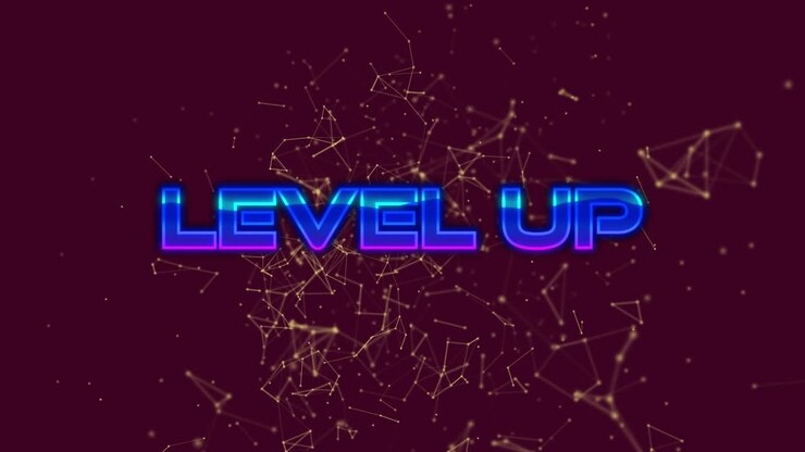 Animazione del testo "level up" in lettere blu su reti di connessioni