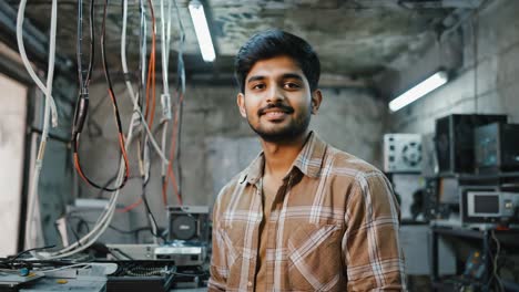smiling indian man working as a technician in a repair shop, surrounded by electronic devices, cables, and computer parts, demonstrating expertise in troubleshooting and maintenance