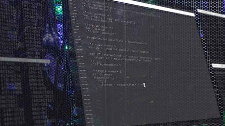 Animation of data processing on interface over glowing computer servers