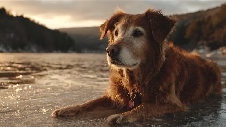 Golden Retriever Relaxing by the Tranquil Lakeside at Sunset, Showcasing the Beauty of Nature and the Bond Between Pets and Their Surroundings