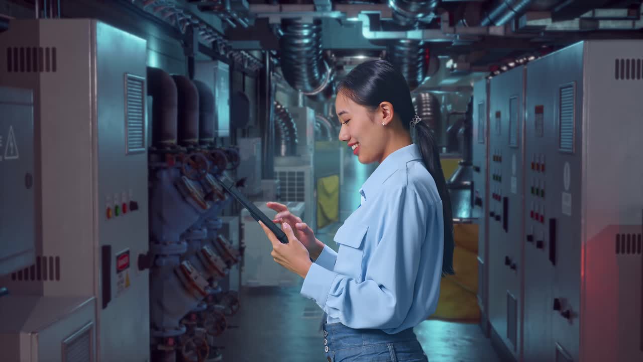 Side View Of An Asian Female Professional Worker Standing With Her Tablet In Engine Control Room, Checking On Her Tablet With Meditation