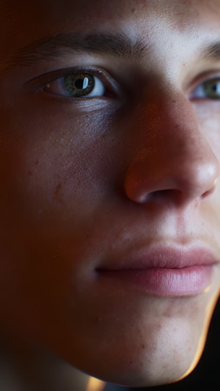 Close-Up Portrait of a Young Individual with Striking Features and Intense Gaze, Captured in Two Frames Highlighting Facial Expressions and Details