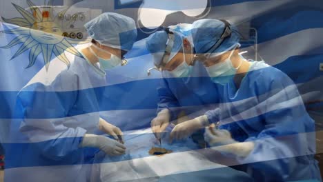 Animation-of-flag-of-uruguay-waving-over-surgeons-in-face-masks