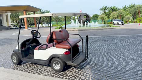 golf cart parked near fountain and palm trees