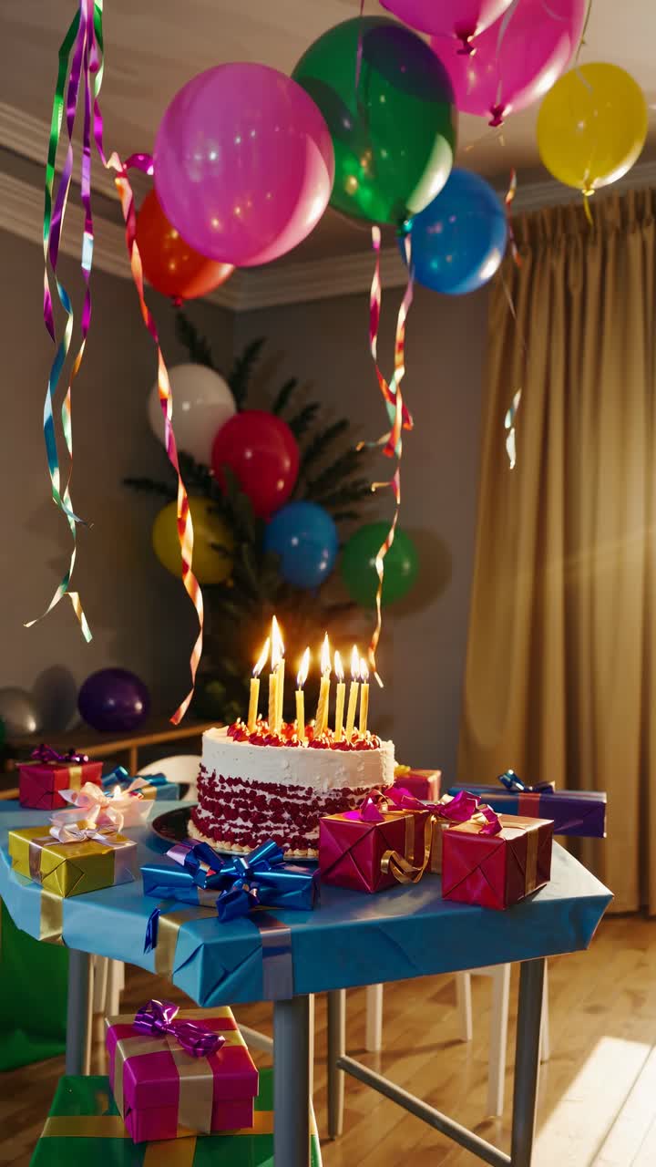 A festive birthday setup with colorful balloons and gifts on a table