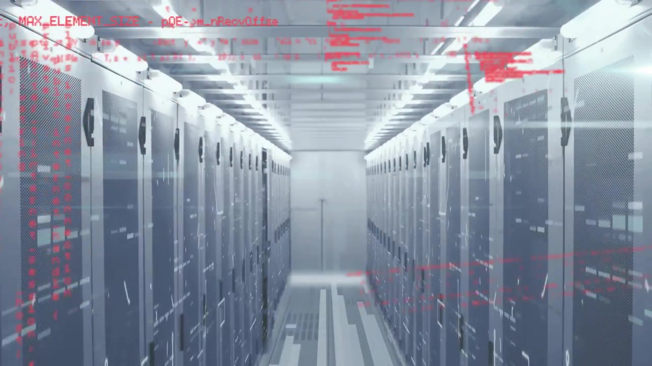Faint red code appearing near right rack and spreading across aisle, showing real time data flow