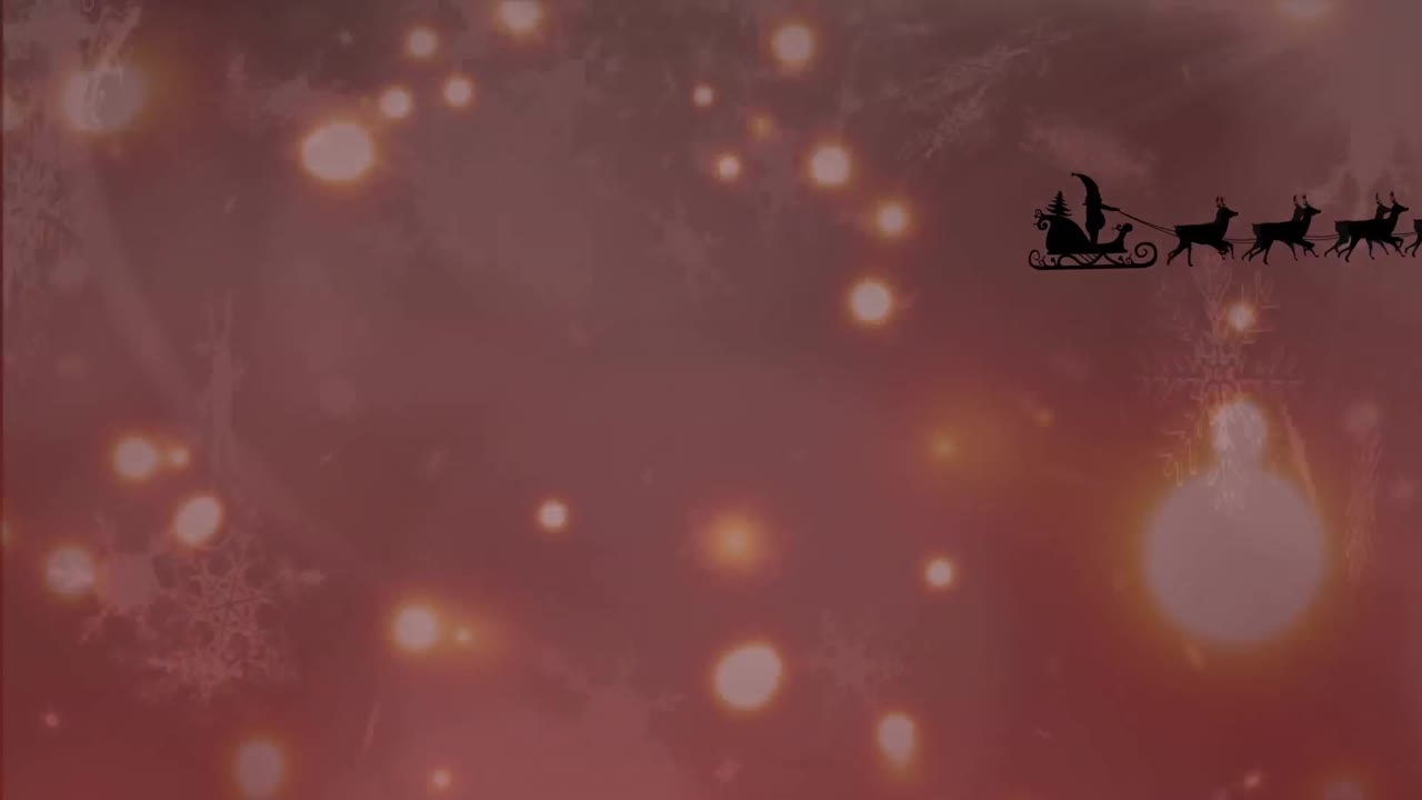 animación del trineo de santa, nieve cayendo y luces sobre fondo marrón.