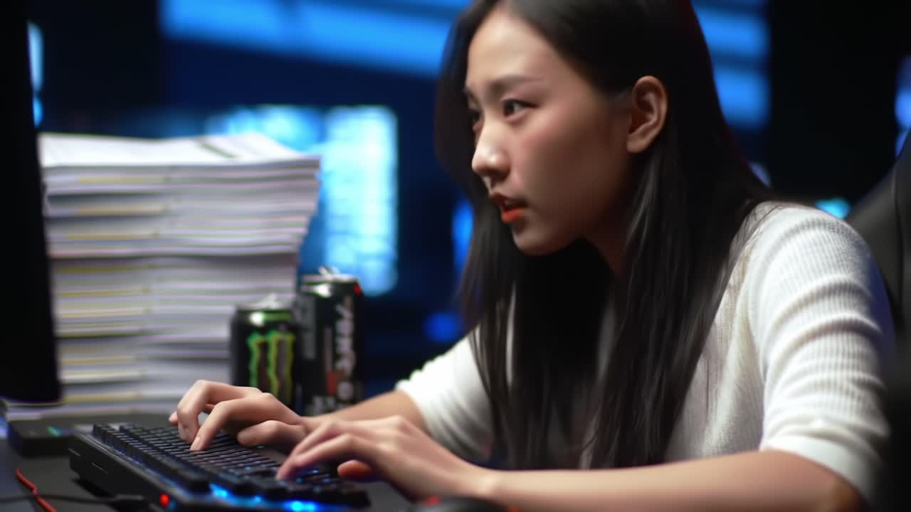 Focused Young Woman Engaged in Intensive Typing Session Amidst Documentation, Energy Drinks, and Digital Environment, Emphasizing Concentration and Modern Work Culture