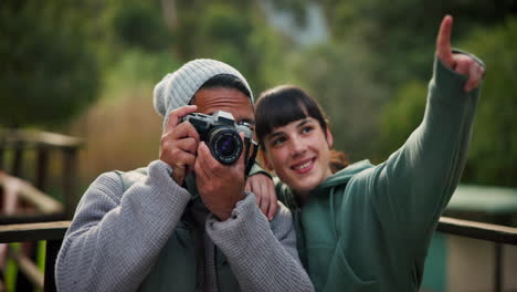 Camera,-photographer-and-couple-travel