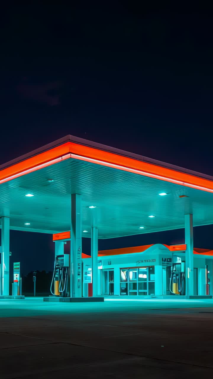 Vertical video: Shifting camera showing canopy, pumps and shop at night, emphasizing solitude