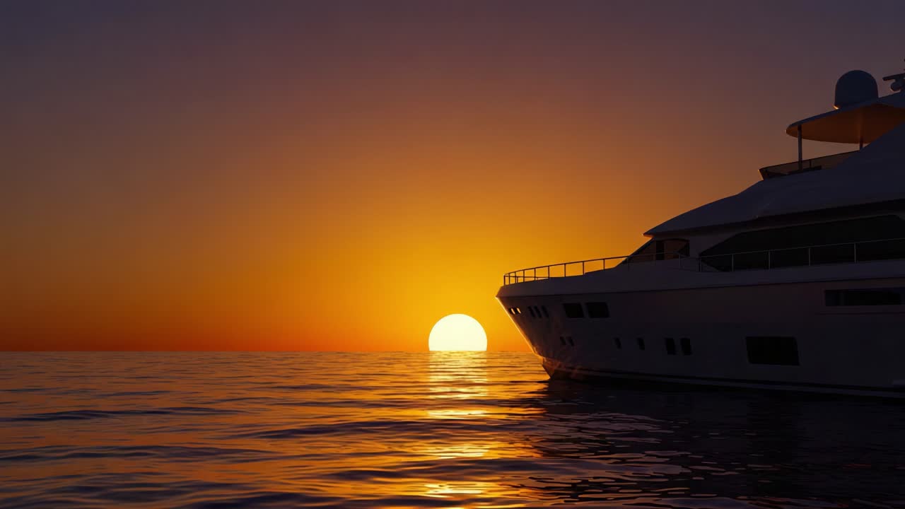 A Luxurious Yacht Sails into the Dusk, Surrounded by the Tranquil Ocean ...