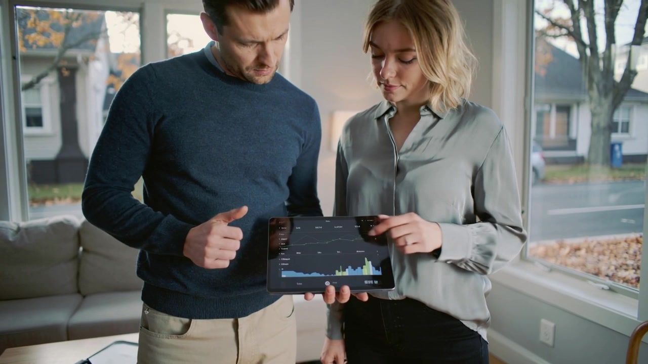 Uomo con maglione blu navy che indica e donna che esaminano un tablet nel soggiorno, toccando i grafici e analizzando i dati.